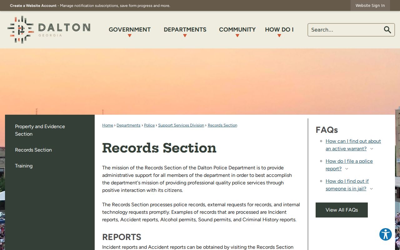 Dalton open records Police Records Section page