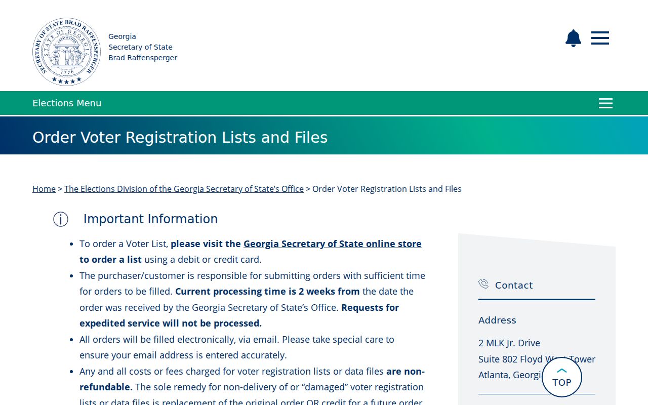 Dalton voter registration list order page from Georgia Secretary of State